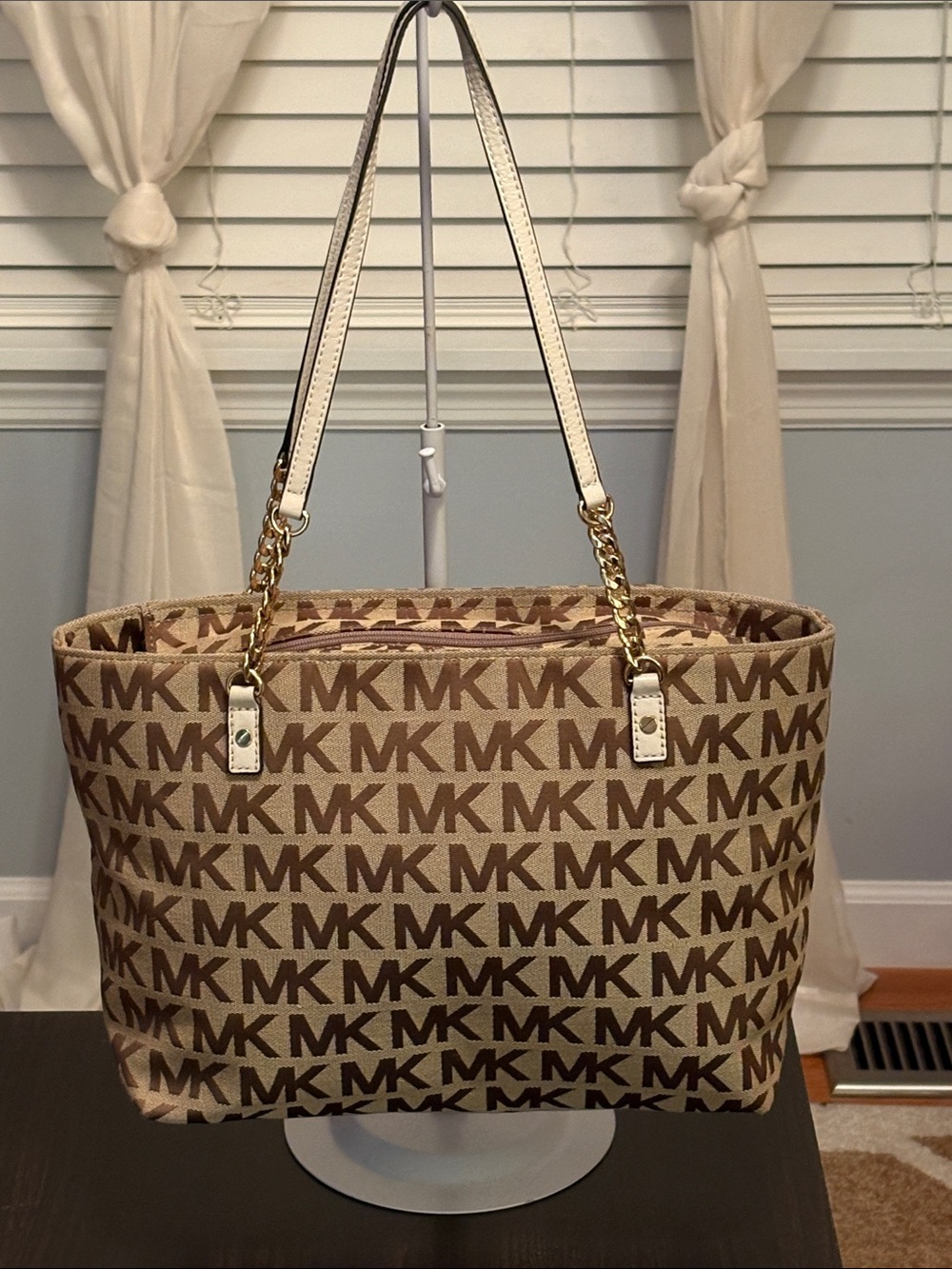 Michael Kors Tan Brown MK Logo Tote with Cream Straps